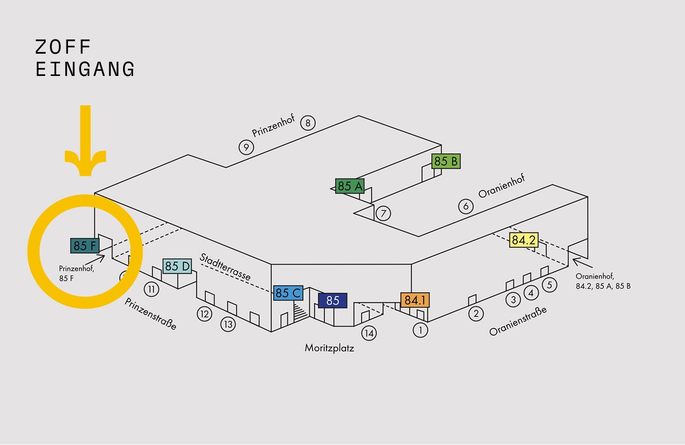 Lageplan des Aufbauhauses und darin des Eingangs zum Zoff Büro in der Prinzenstr. 85, Aufgang 85F